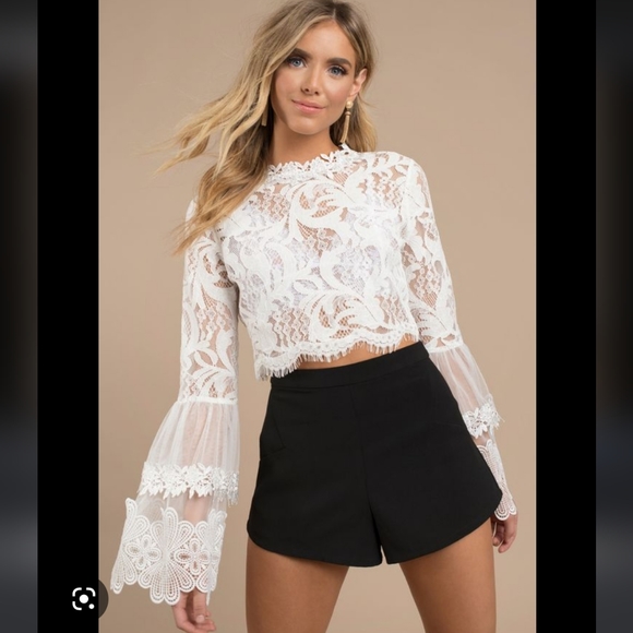 Lace Crop Top with Tulle Bell Sleeves - Picture 2 of 9
